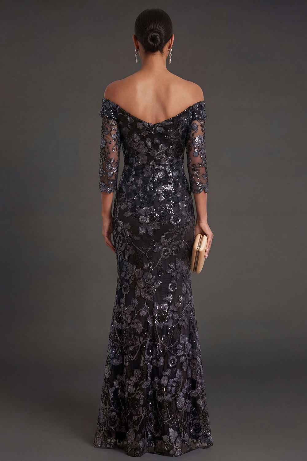 Sparkly Black Sheath Floral Long Formal Dress