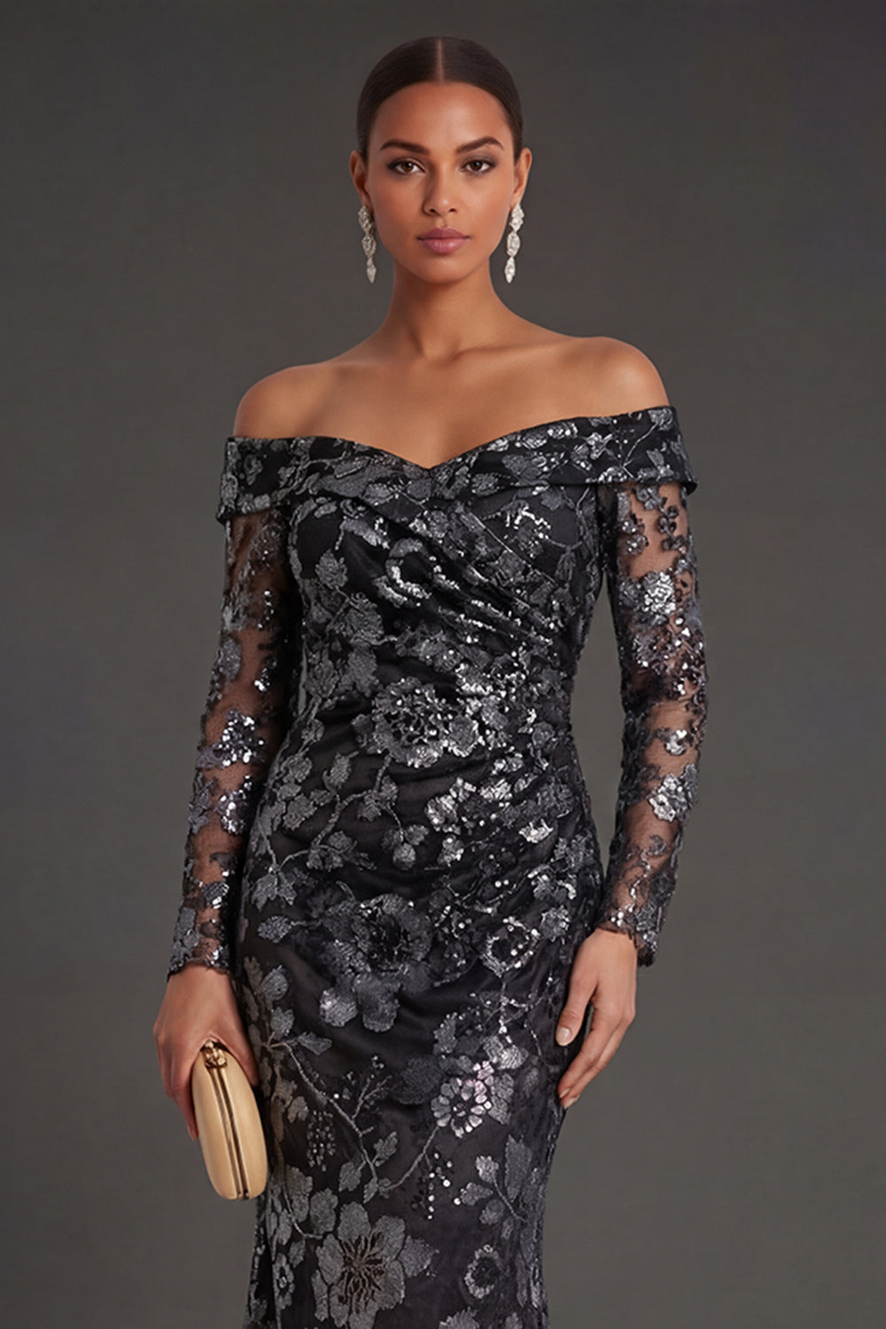 Sparkly Black Sheath Floral Long Formal Dress