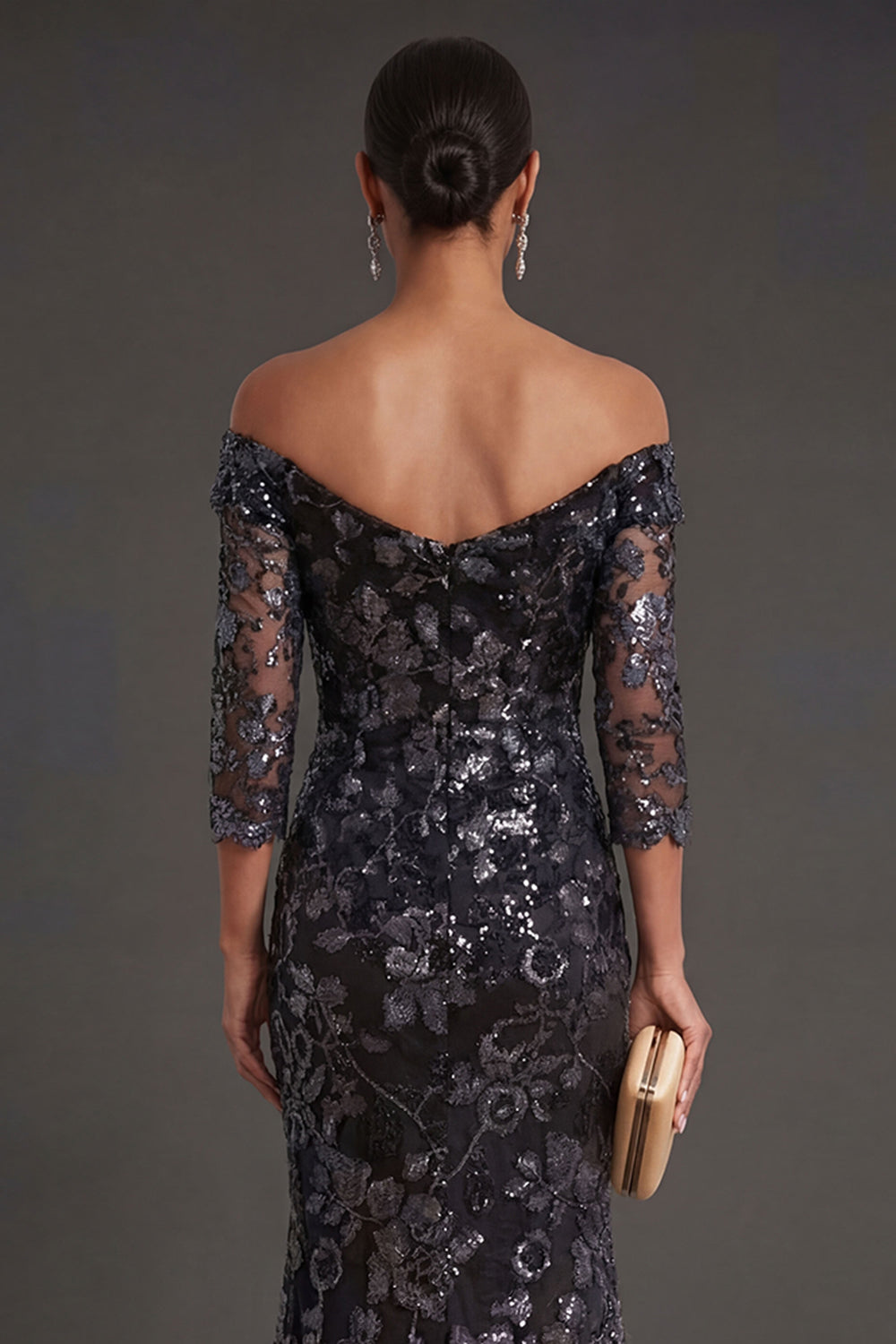 Sparkly Black Sheath Floral Long Formal Dress