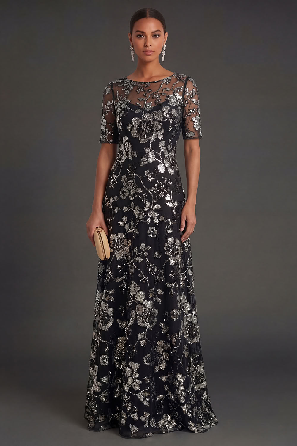 Leely Women Short Sleeves Black Sheath Floral Long Formal Dress Appliqued Illusion Neck Wedding Guest Dress
