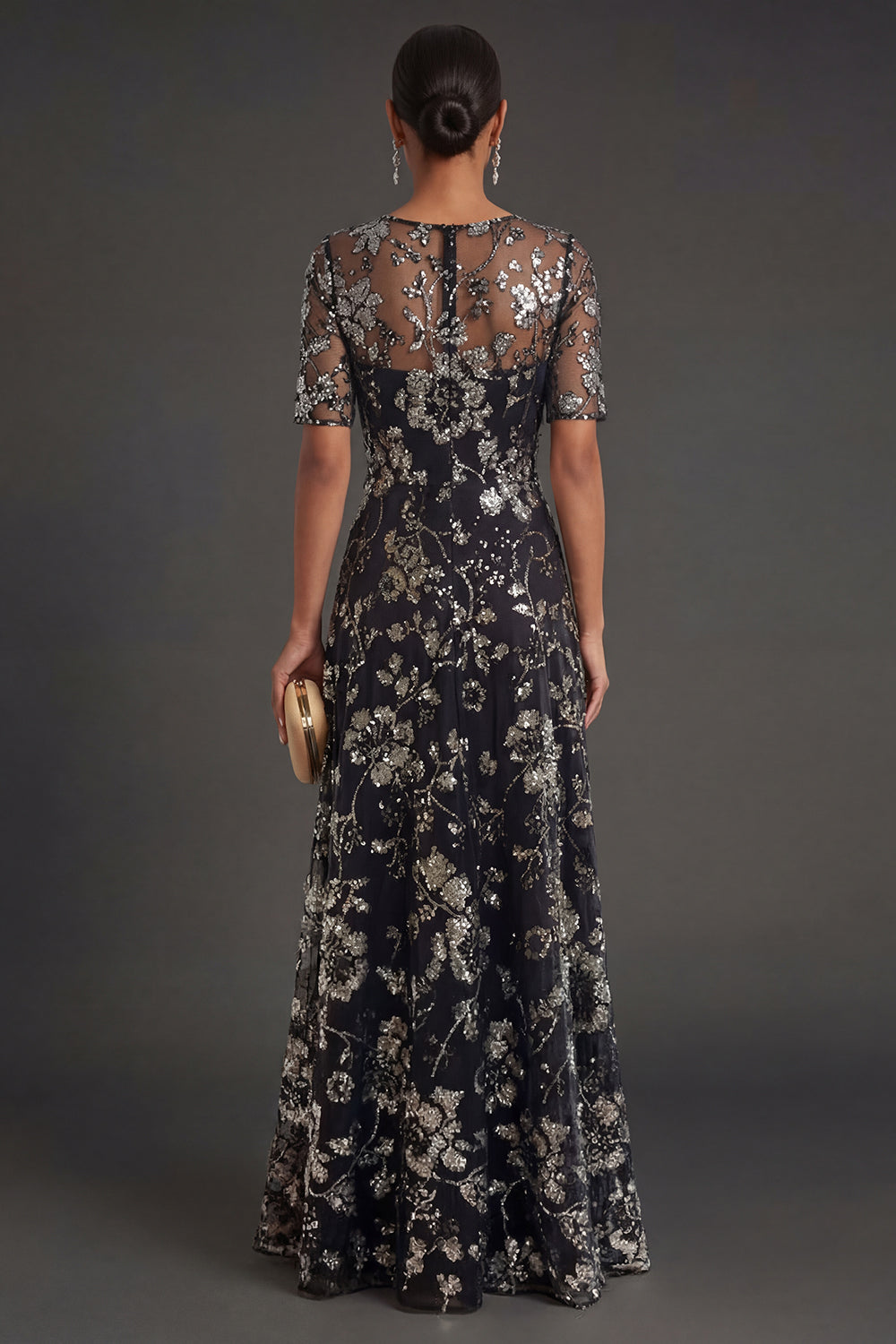 Short Sleeves Black Sheath Floral Long Formal Dress