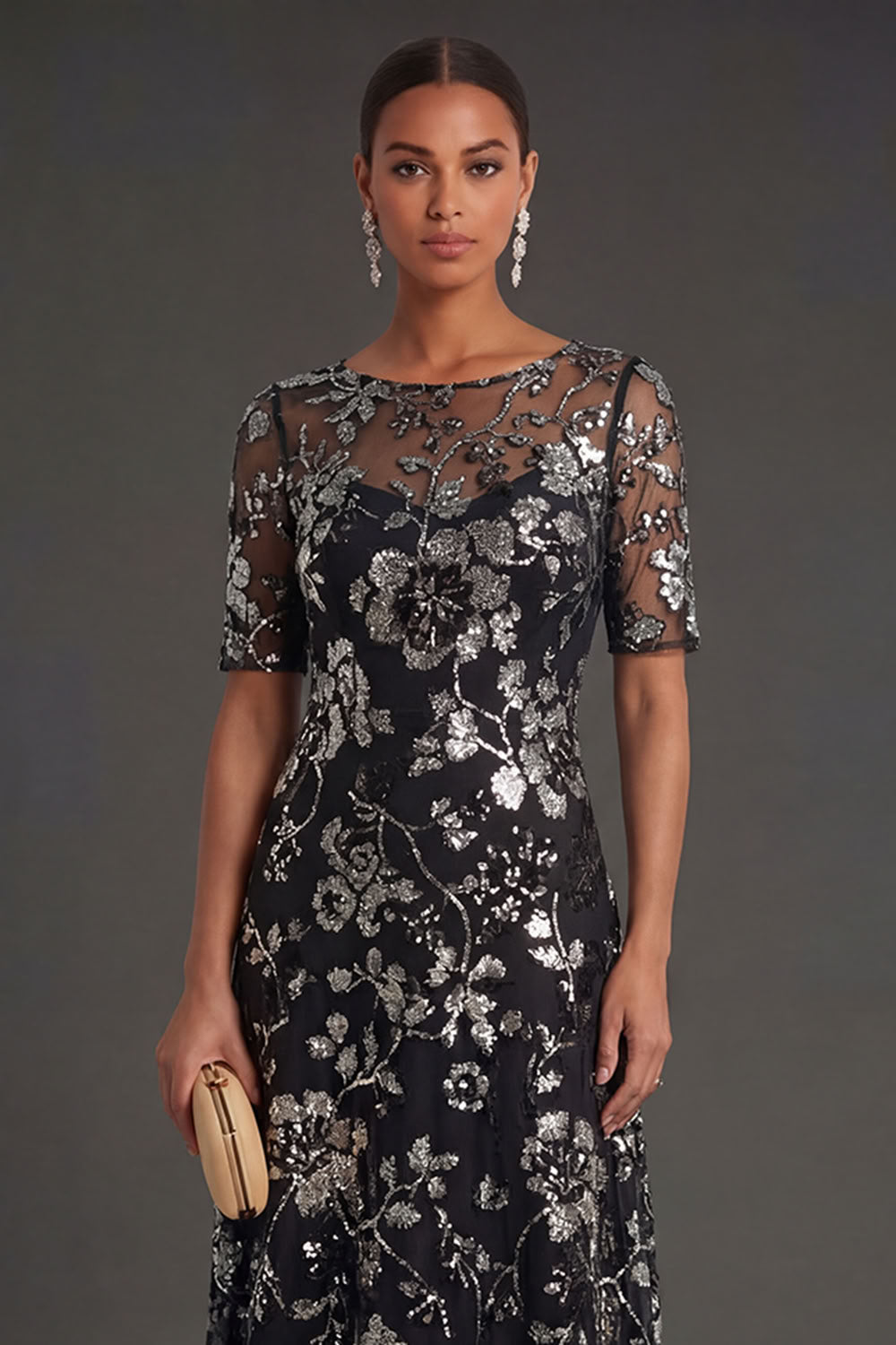 Short Sleeves Black Sheath Floral Long Formal Dress
