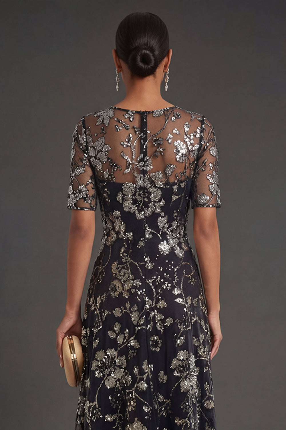 Short Sleeves Black Sheath Floral Long Formal Dress