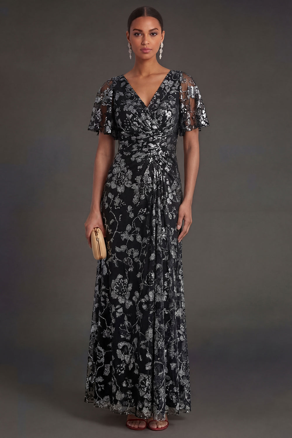 Leely Women Ruched Short Sleeves Black Sheath Floral Long Formal Dress V Neck Appliqued Wedding Guest Dress