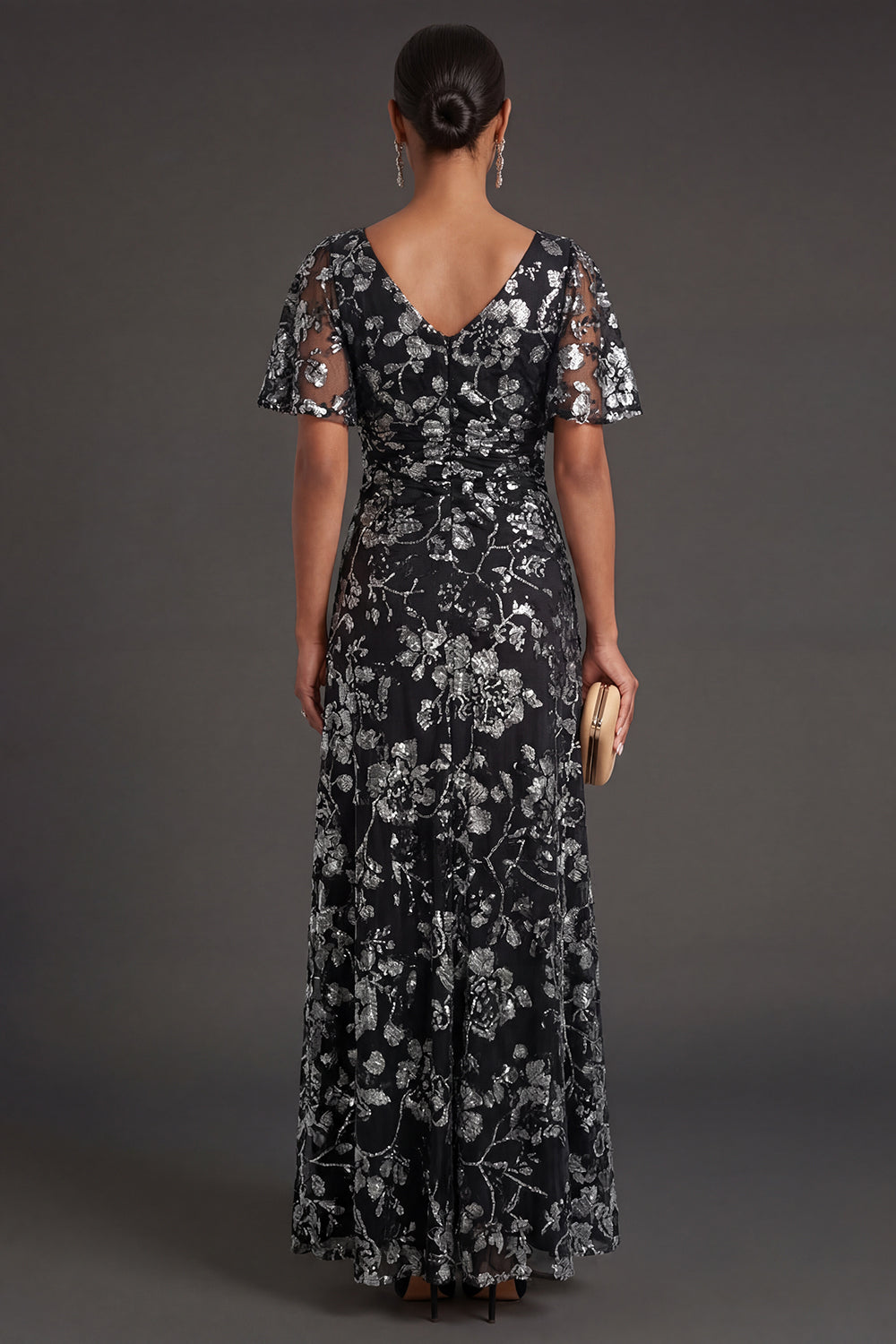 Ruched Short Sleeves Black Sheath Floral Long Formal Dress