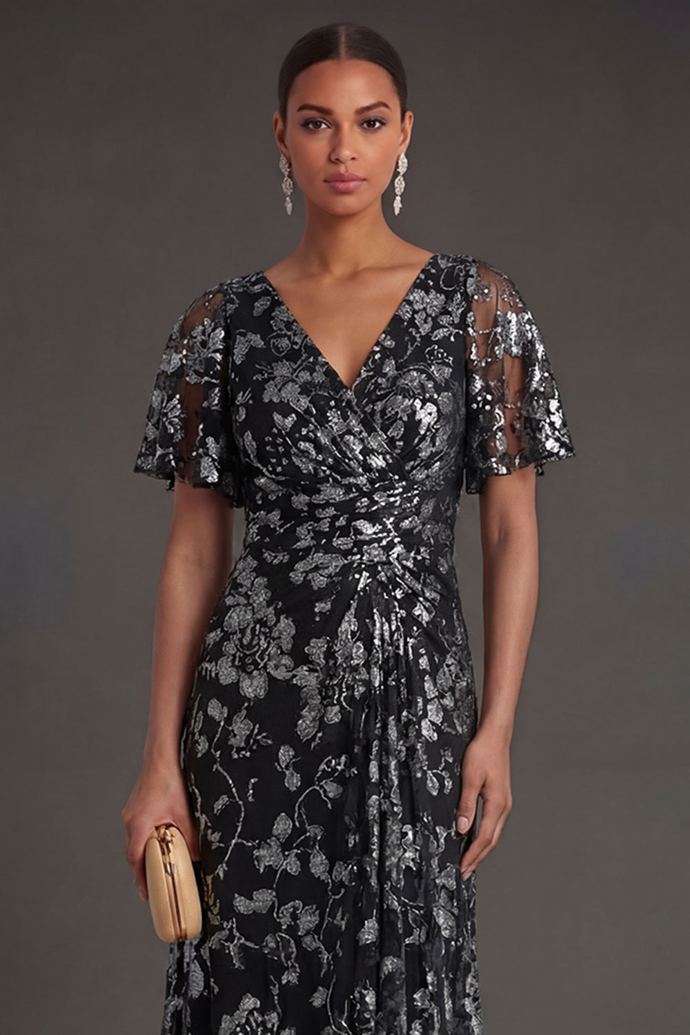 Ruched Short Sleeves Black Sheath Floral Long Formal Dress