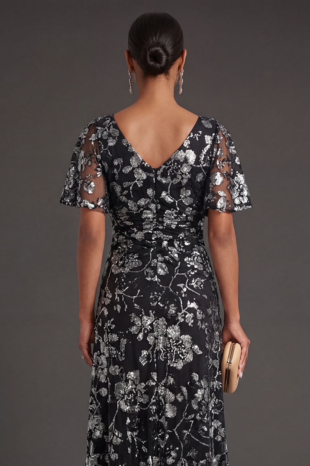Ruched Short Sleeves Black Sheath Floral Long Formal Dress