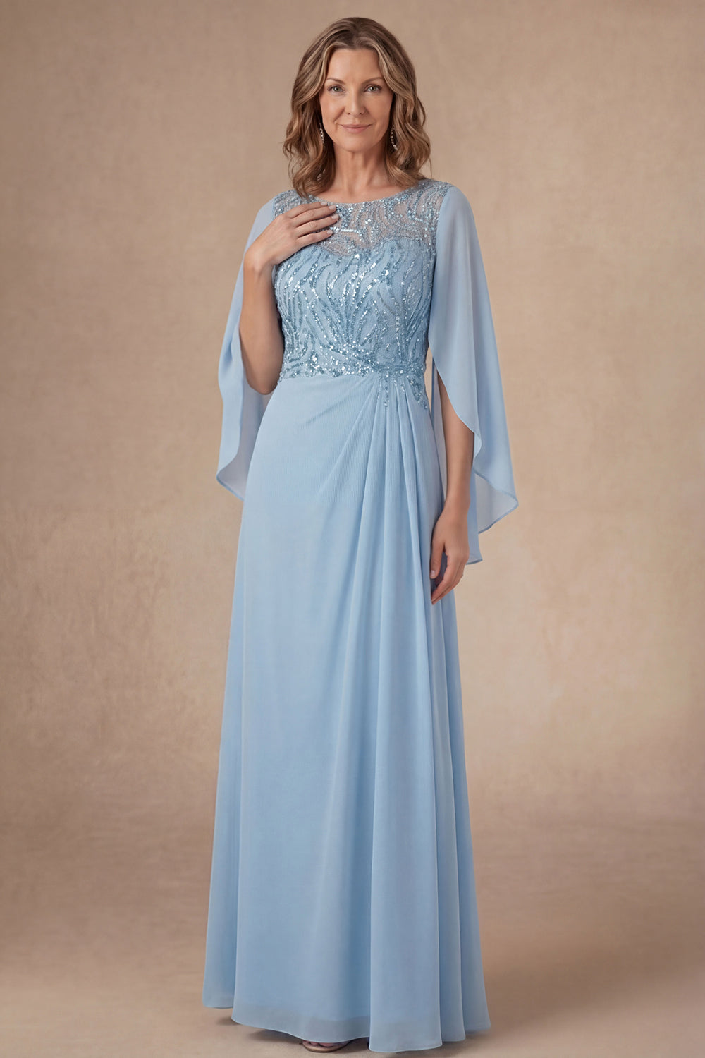 Leely Women Light Blue A Line Long Mother of the Bride Dress with Cape Appliqued Round Neck Sleeveless Evening Dress