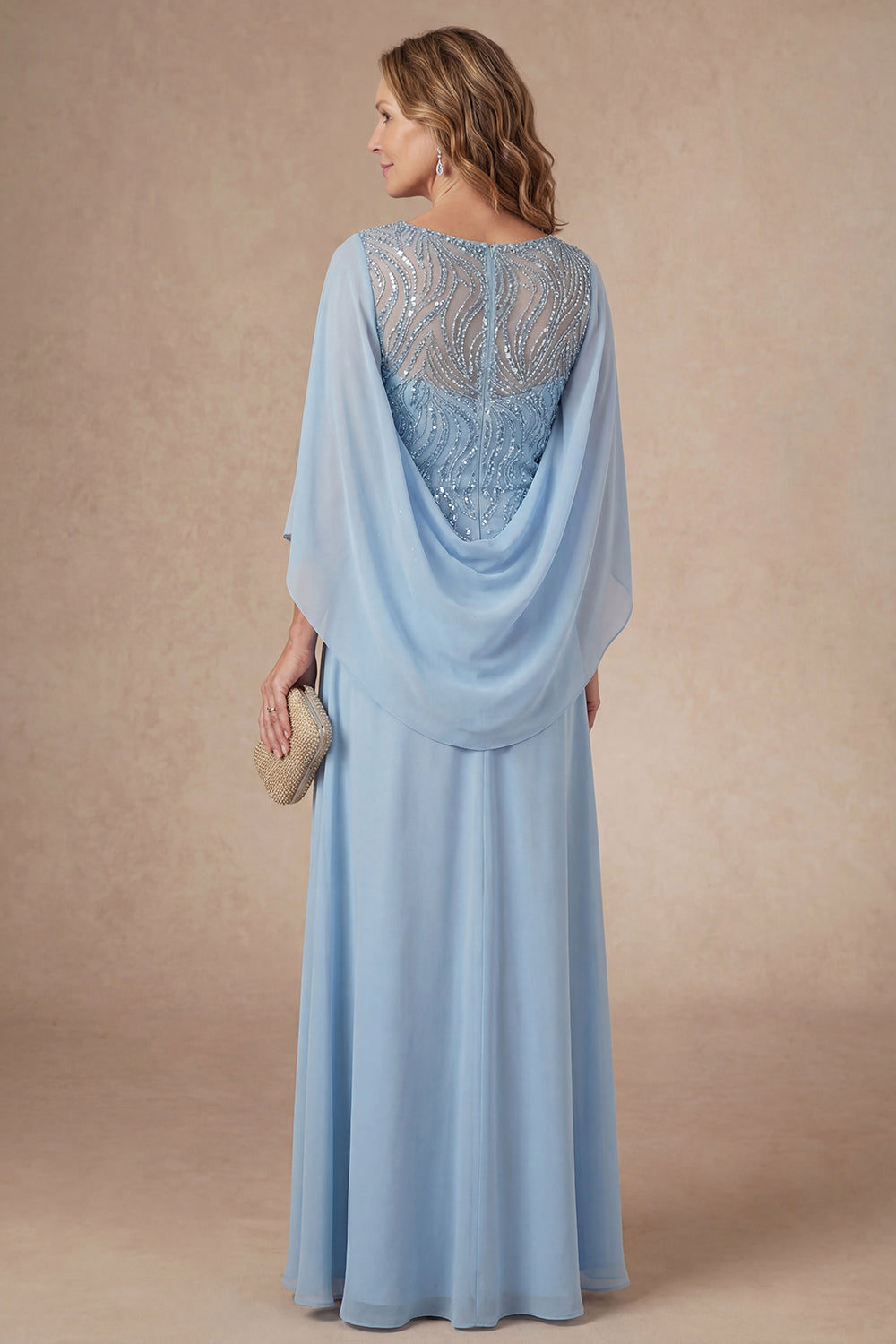 Light Blue A Line Appliqued Long Mother of the Bride Dress with Cape