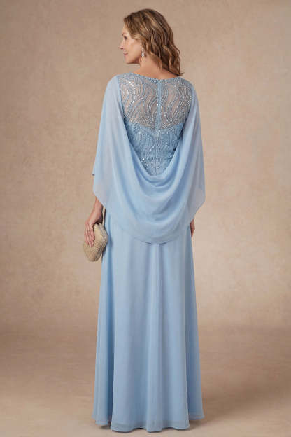 Light Blue A Line Appliqued Long Mother of the Bride Dress with Cape