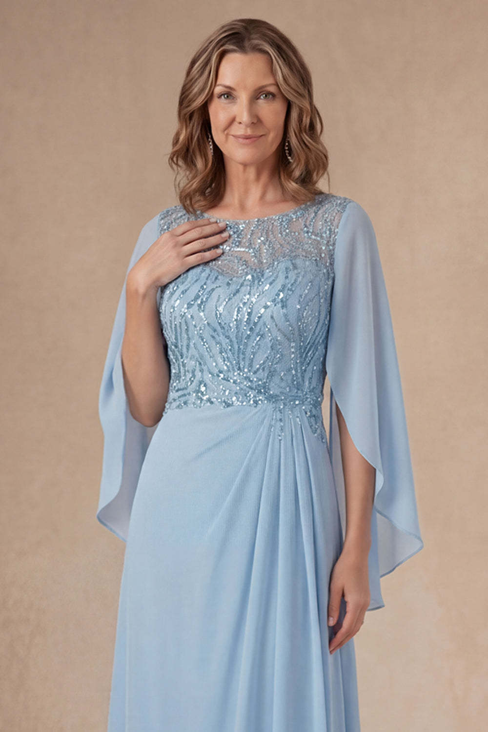 Light Blue A Line Appliqued Long Mother of the Bride Dress with Cape