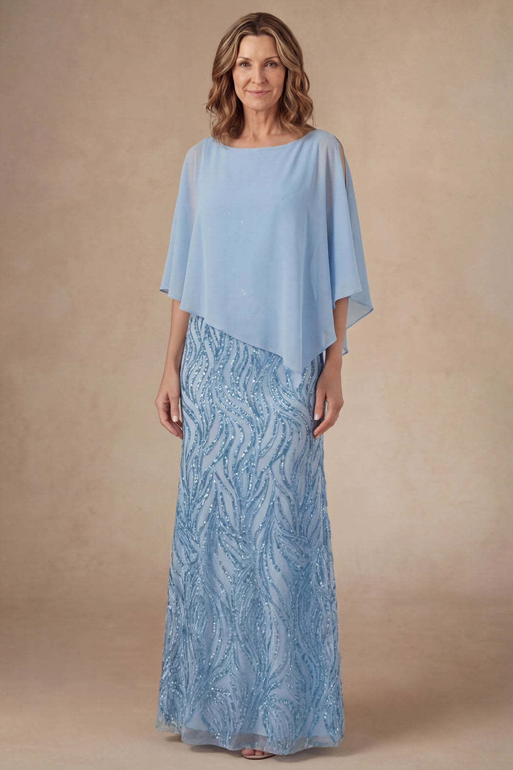 Leely Women Light Blue A Line Long Mother of the Bride Dress with Cape Round Neck Sleeveless Evening Dress