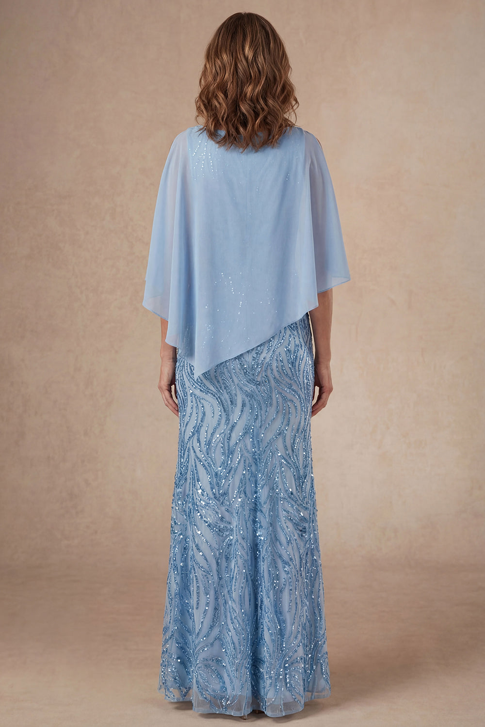 Round Neck Light Blue A Line Long Mother of the Bride Dress with Cape