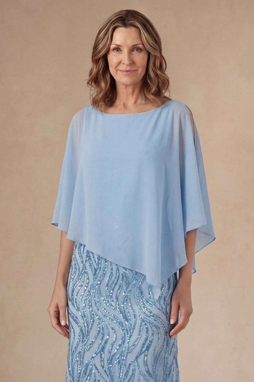 Round Neck Light Blue A Line Long Mother of the Bride Dress with Cape