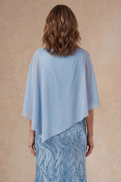Round Neck Light Blue A Line Long Mother of the Bride Dress with Cape