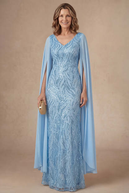 Leely Women Light Blue A Line Long Mother of the Bride Dress with Cape V Neck Backless Appliqued Wedding Guest Dress