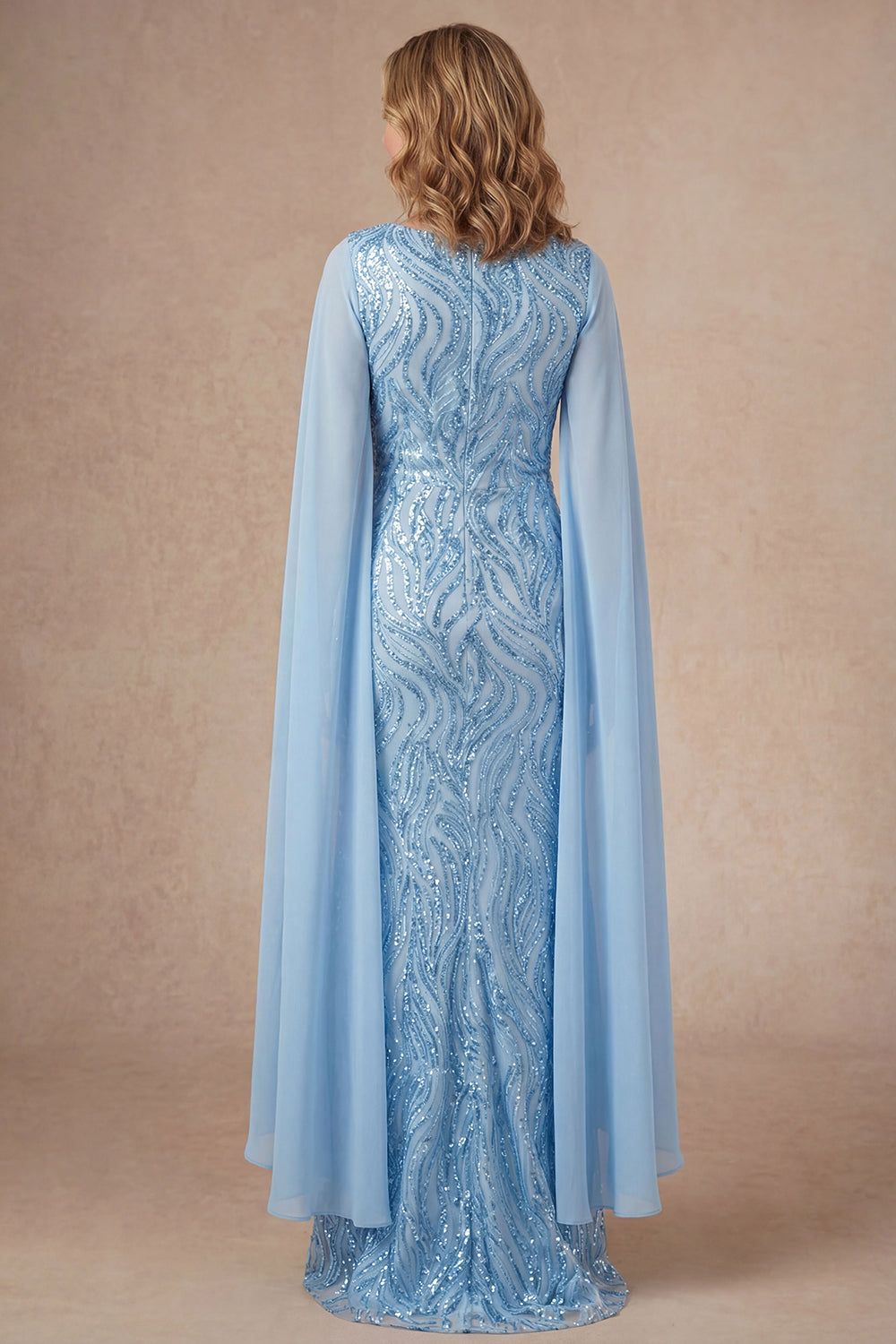 V Neck Light Blue A Line Long Mother of the Bride Dress with Cape