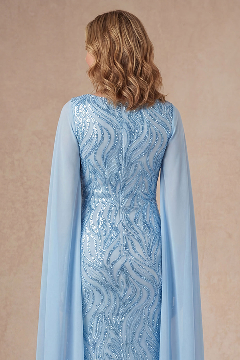 V Neck Light Blue A Line Long Mother of the Bride Dress with Cape