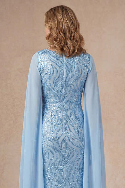 V Neck Light Blue A Line Long Mother of the Bride Dress with Cape