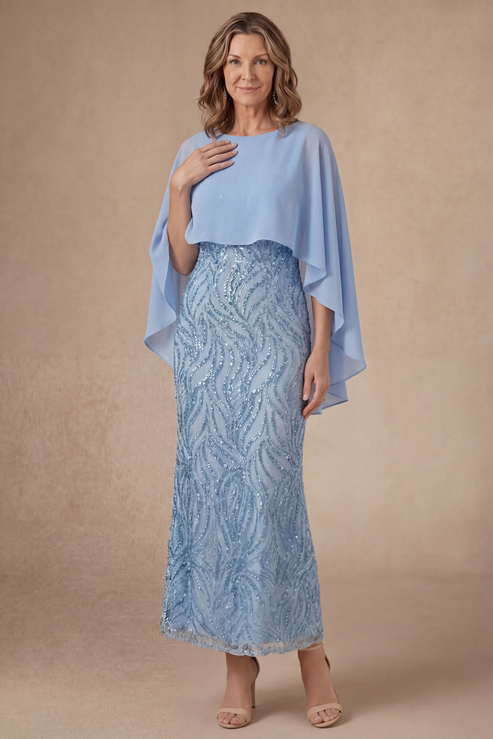 Leely Women Light Blue Sheath Long Mother of the Bride Dress with Slit Appliqued Sleeveless Wedding Guest Dress