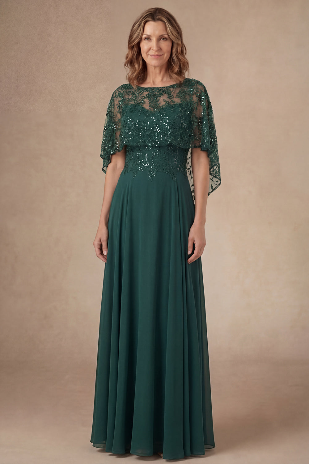 Leely Women Dark Green Floral A Line Long Mother of the Bride Dress Sparkly Sequined Round Neck Evening Dress