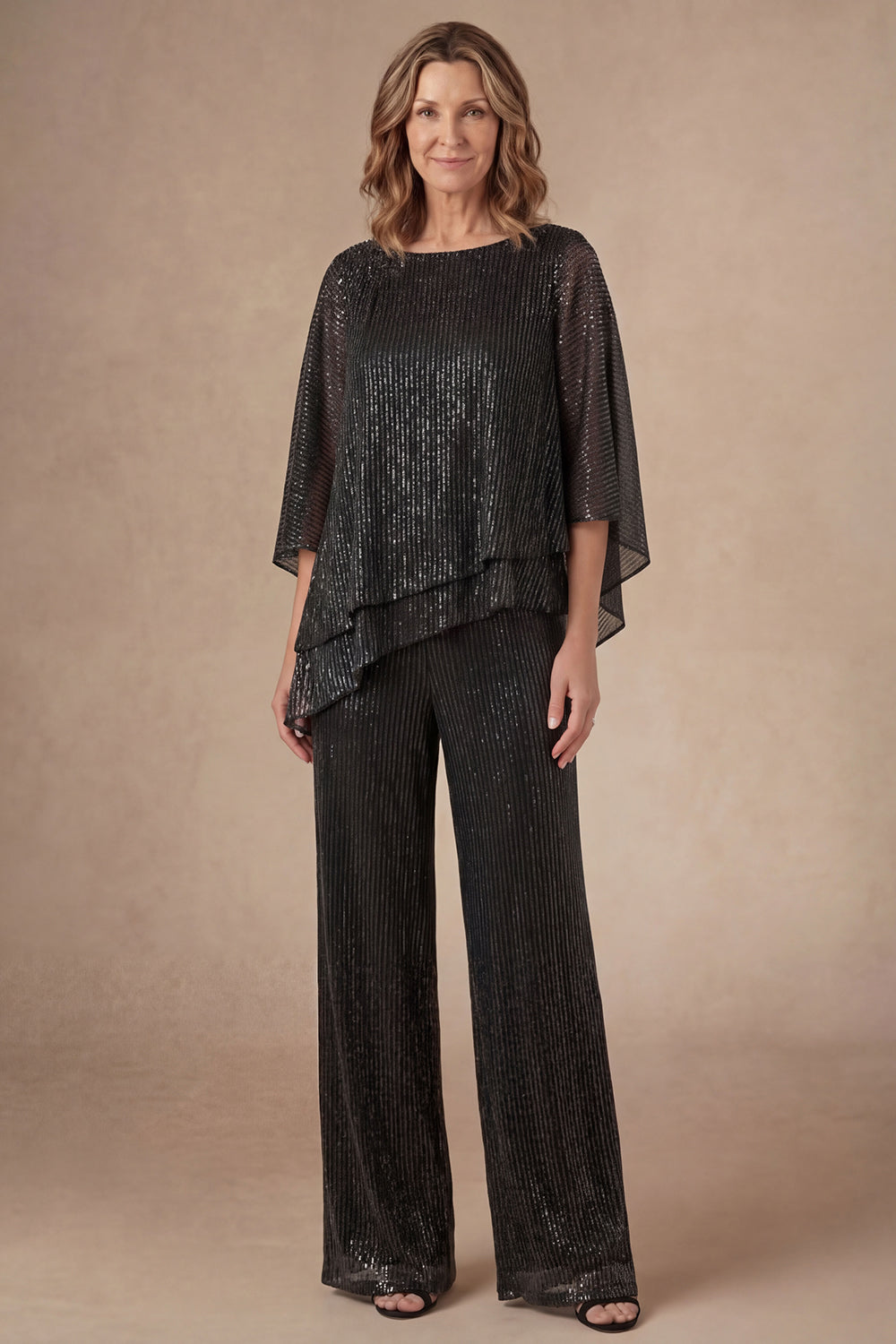Black Round Neck Ruffled Long Mother of the Bride Pant Suits