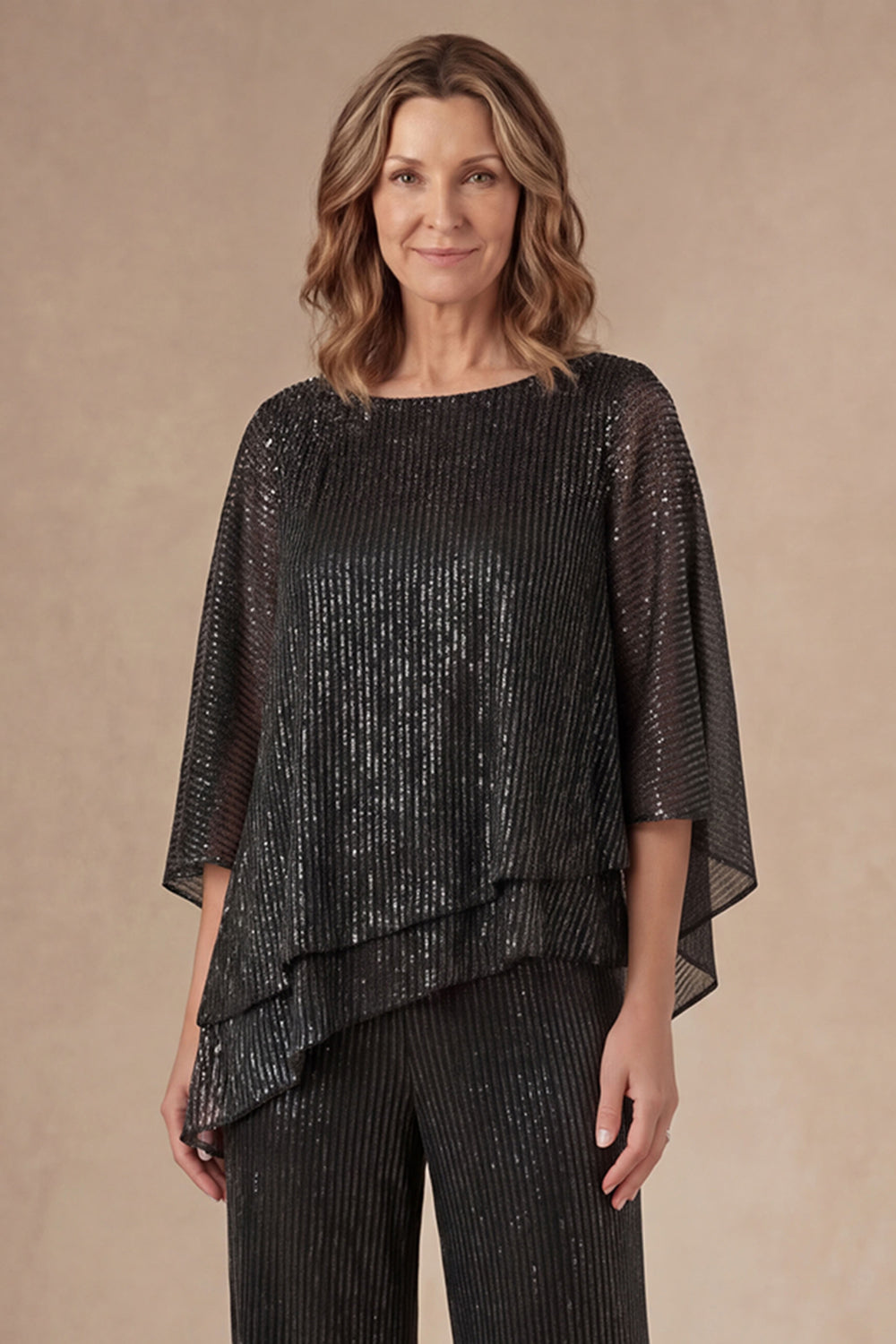 Black Round Neck Ruffled Long Mother of the Bride Pant Suits