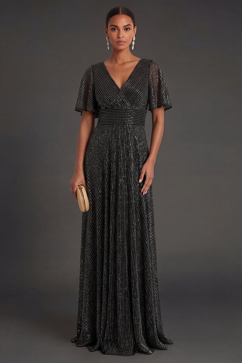 Black Sheath V Neck Short Sleeves Long Formal Dress