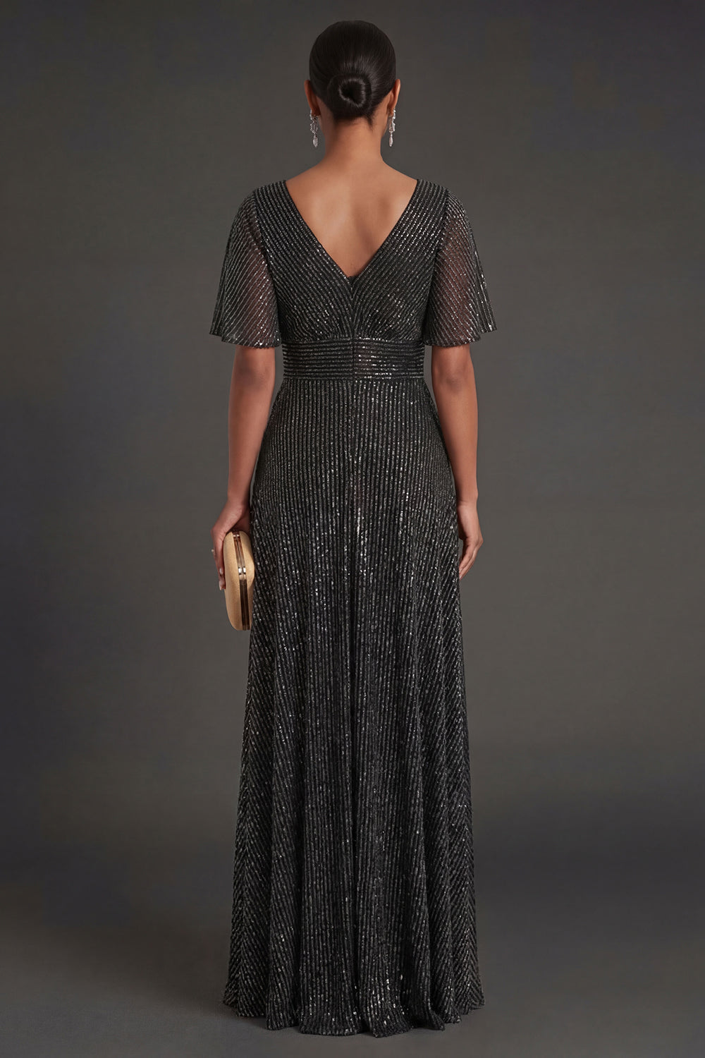 Black Sheath V Neck Short Sleeves Long Formal Dress