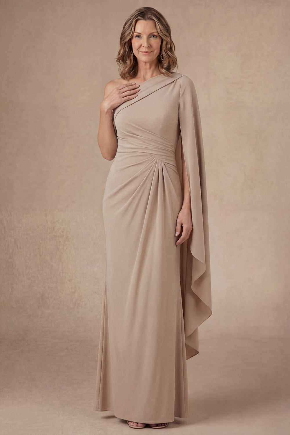Champagne One Shoulder Ruched Long Mother of the Bride Dress