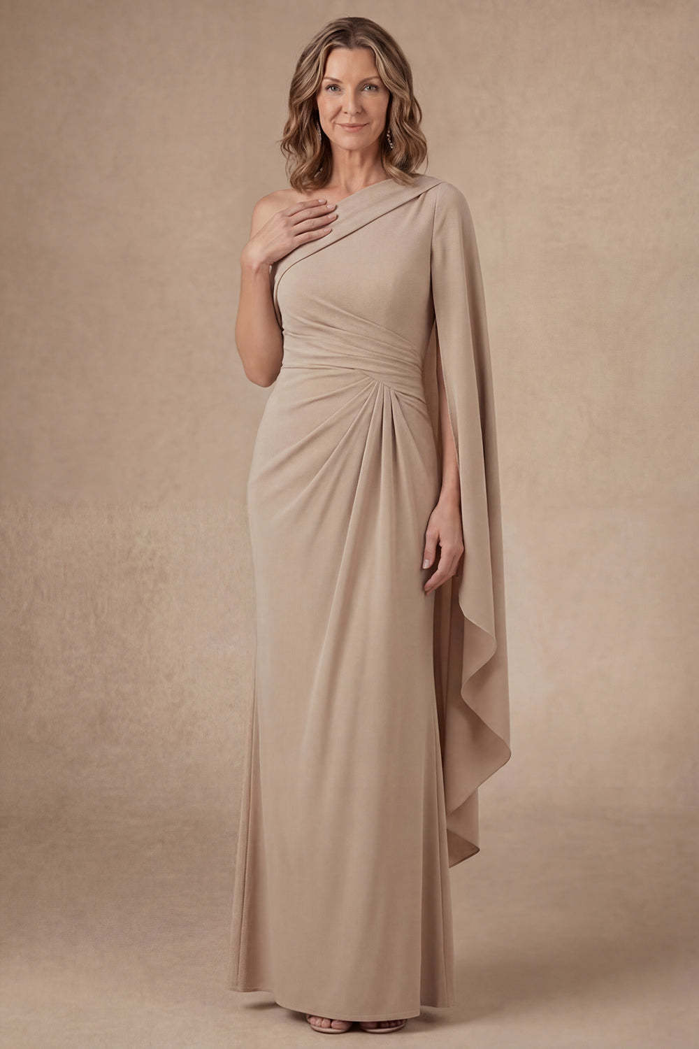 Leely Women Champagne One Shoulder Ruched Long Mother of the Bride Dress Backless Sleeveless Evening Dress