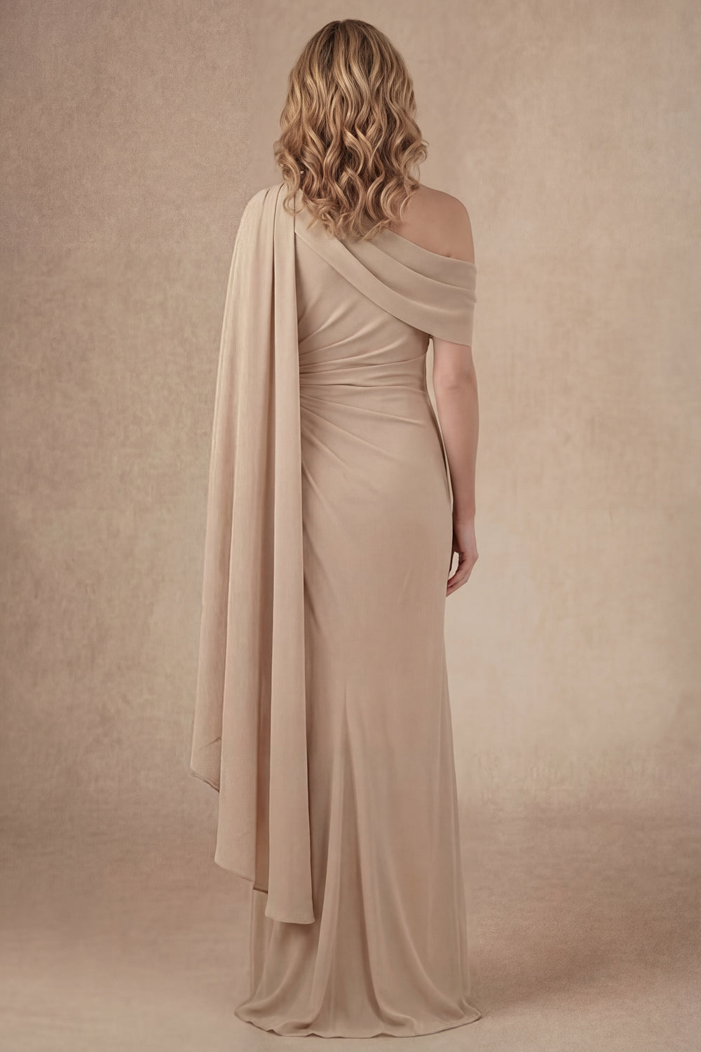 Champagne One Shoulder Ruched Long Mother of the Bride Dress