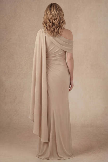 Champagne One Shoulder Ruched Long Mother of the Bride Dress