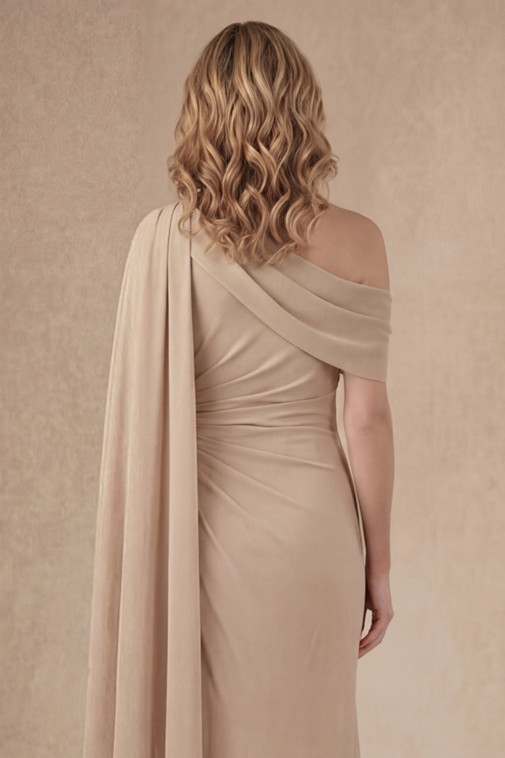 Champagne One Shoulder Ruched Long Mother of the Bride Dress