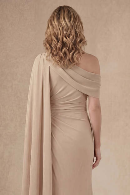 Champagne One Shoulder Ruched Long Mother of the Bride Dress