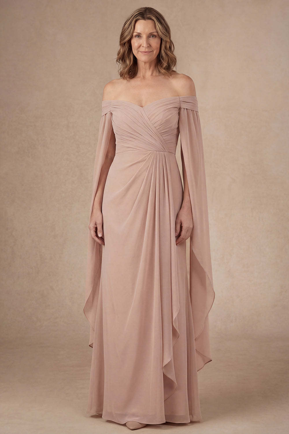 Leely Women Champagne Ruffled Ruched Long Mother of the Bride Dress Sleeveless Backless Evening Dress