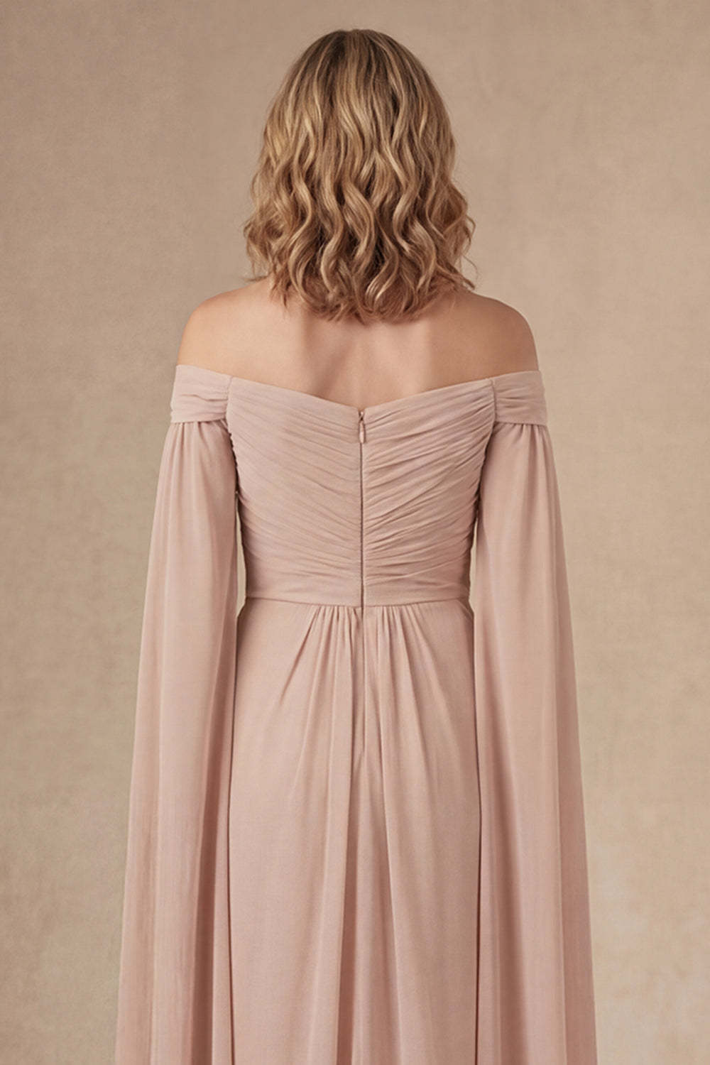 Champagne Ruffled Ruched Long Mother of the Bride Dress
