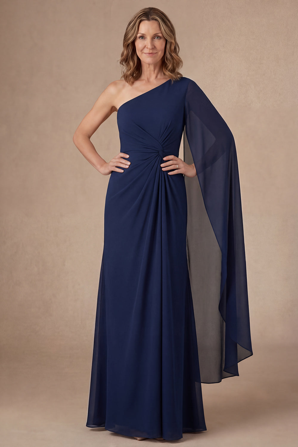 Navy One Shoulder Ruched Long Mother of the Bride Dress with Cape