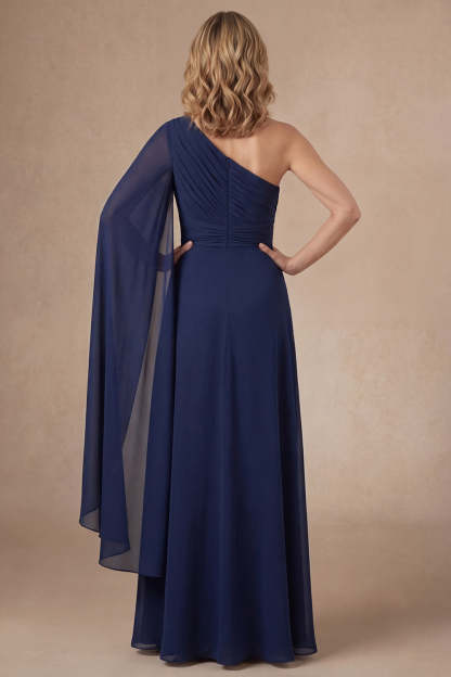 Navy One Shoulder Ruched Long Mother of the Bride Dress with Cape