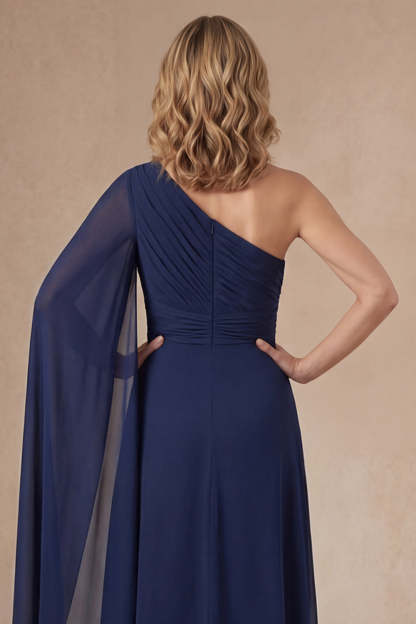 Navy One Shoulder Ruched Long Mother of the Bride Dress with Cape