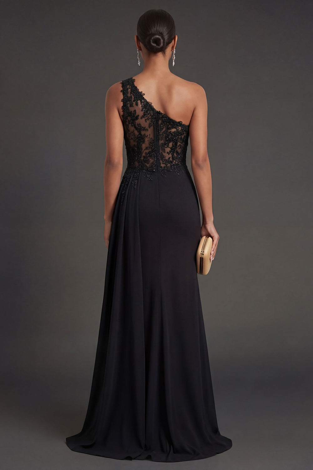 Black Ruched One Shoulder Mermaid Long Formal Dress with Slit