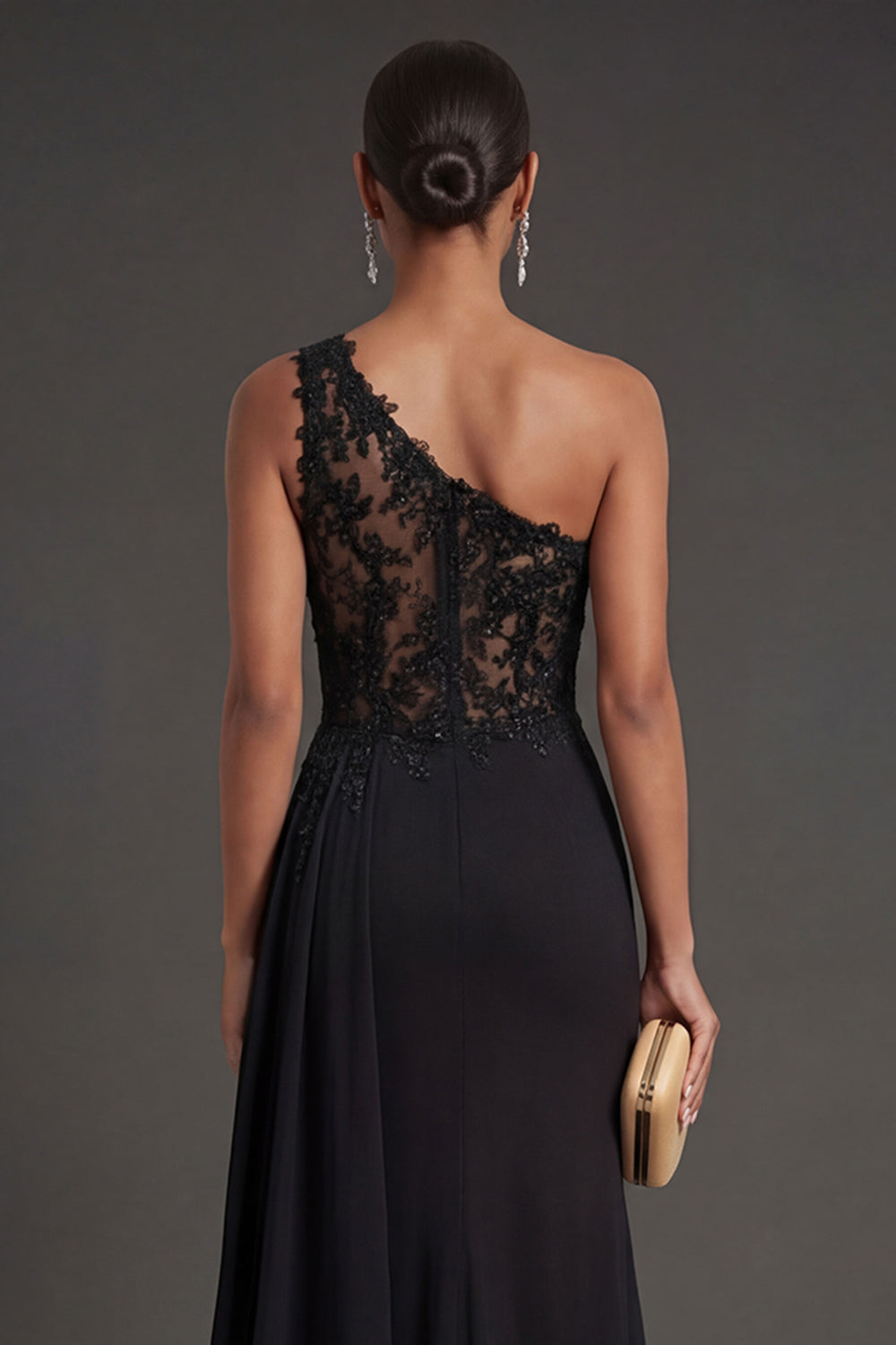 Black Ruched One Shoulder Mermaid Long Formal Dress with Slit