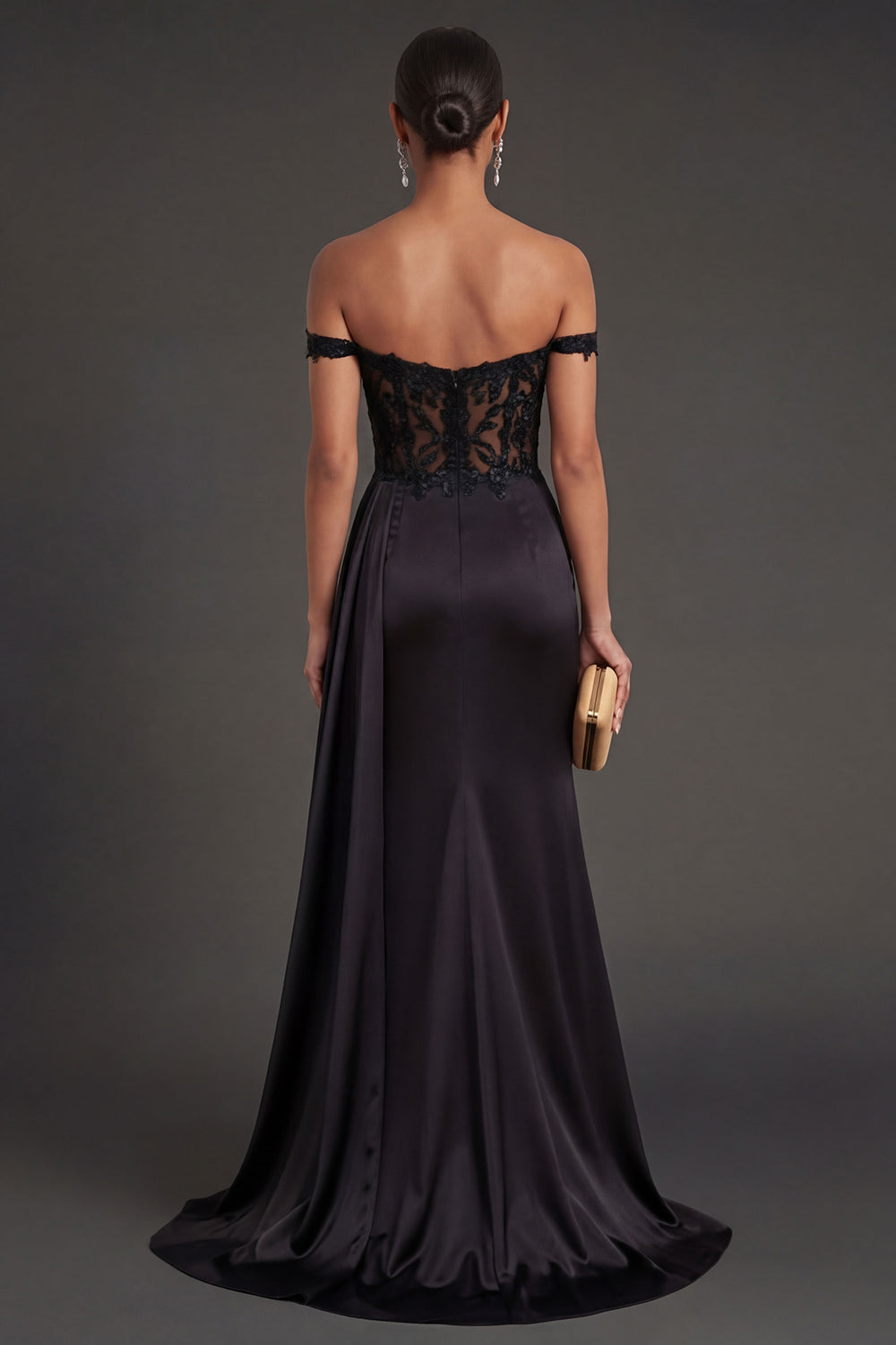 Black Corset Off the Shoulder Ruched Long Prom Dress with Slit