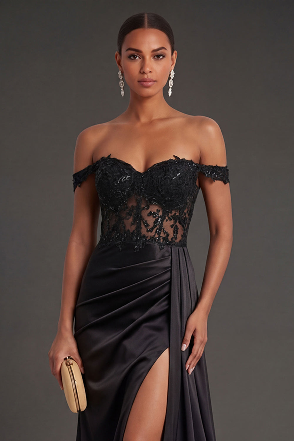 Black Corset Off the Shoulder Ruched Long Prom Dress with Slit