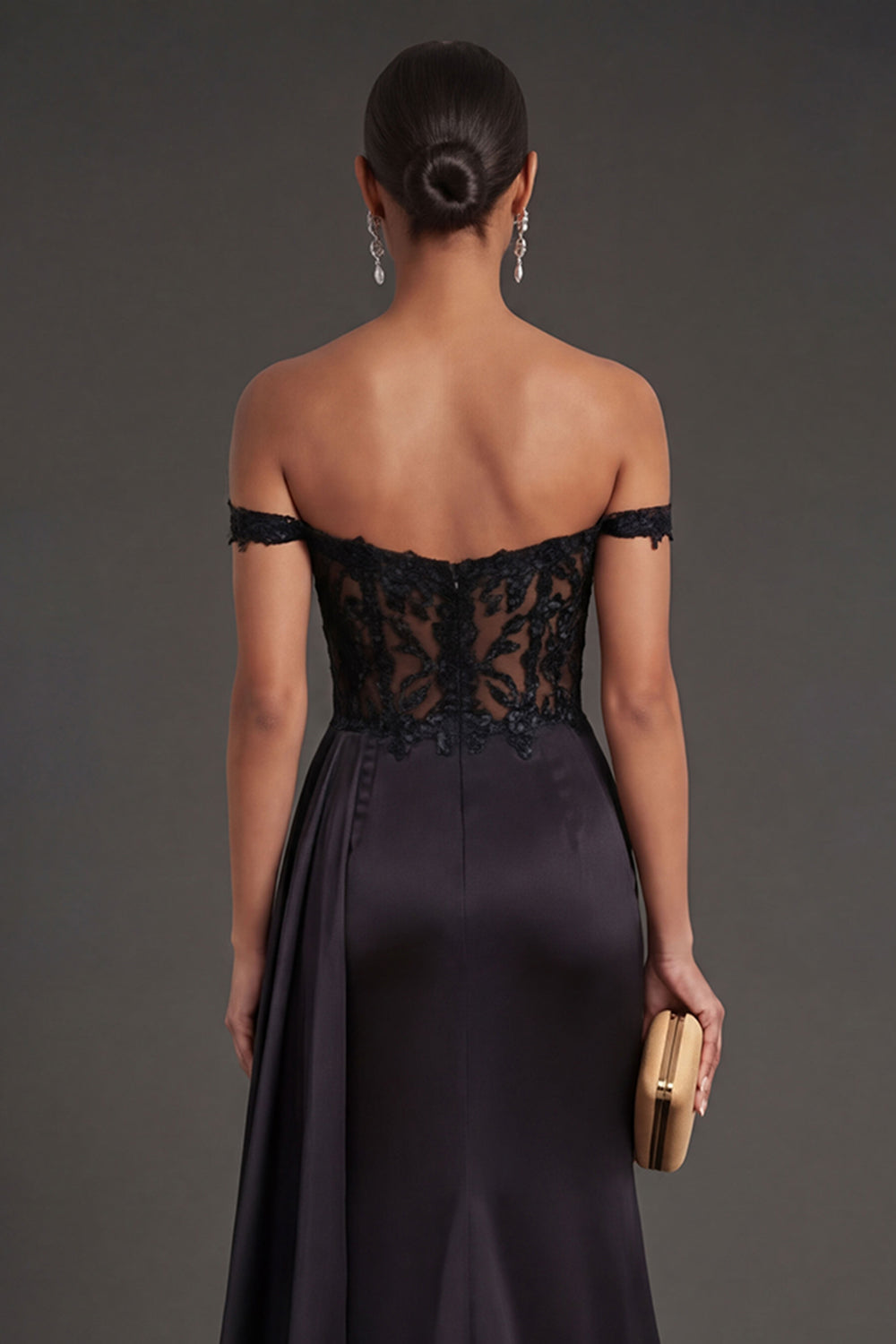 Black Corset Off the Shoulder Ruched Long Prom Dress with Slit