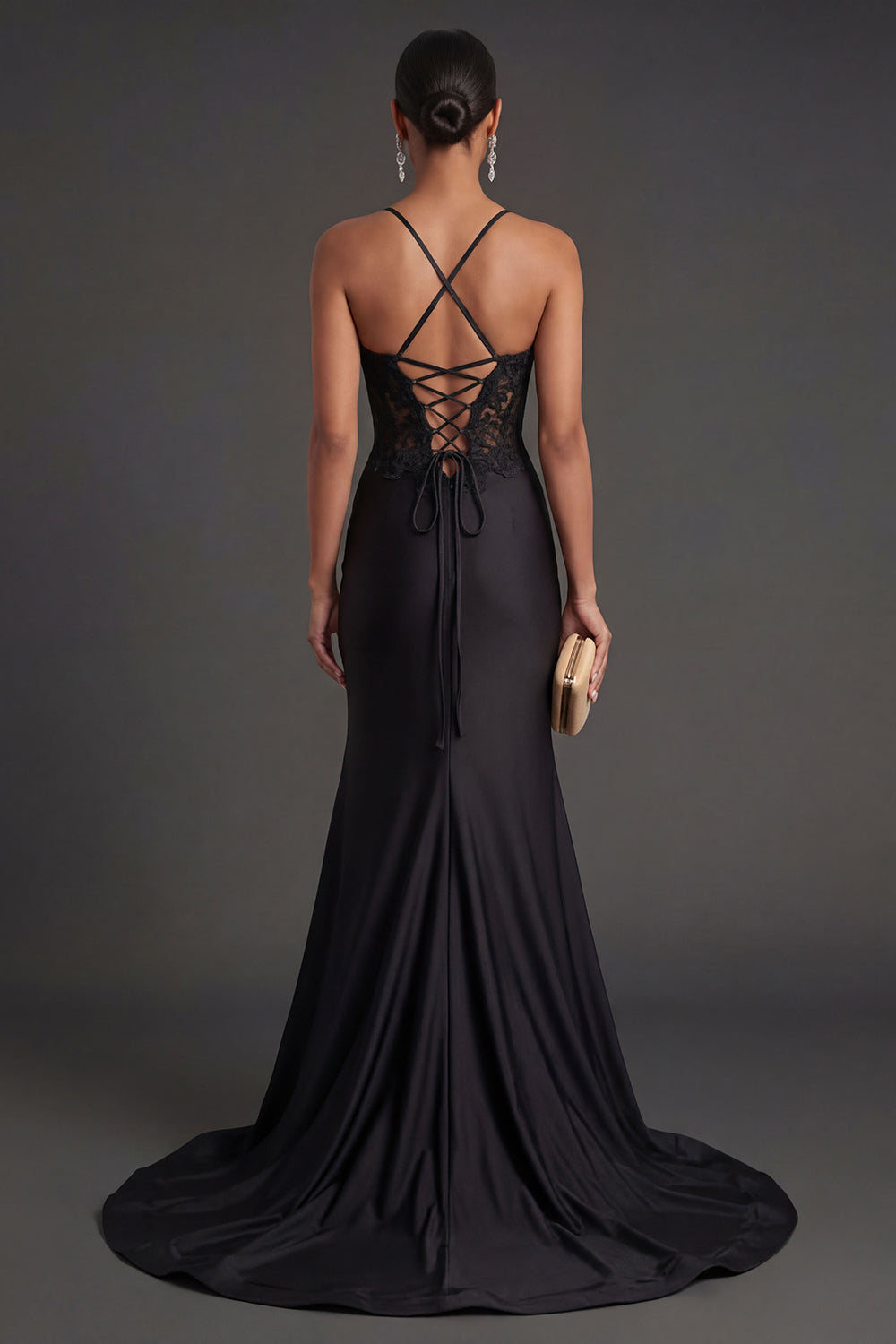 Spaghetti Straps Black Mermaid Long Prom Dress with Slit