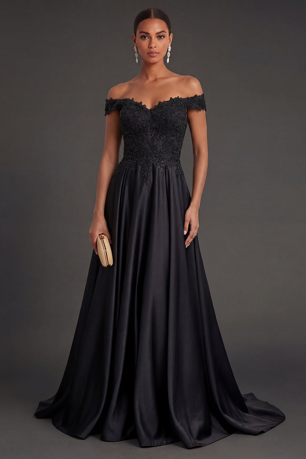 Leely Women Black Off the Shoulder A Line Long Formal Dress Backless Sleeveless Evening Dress