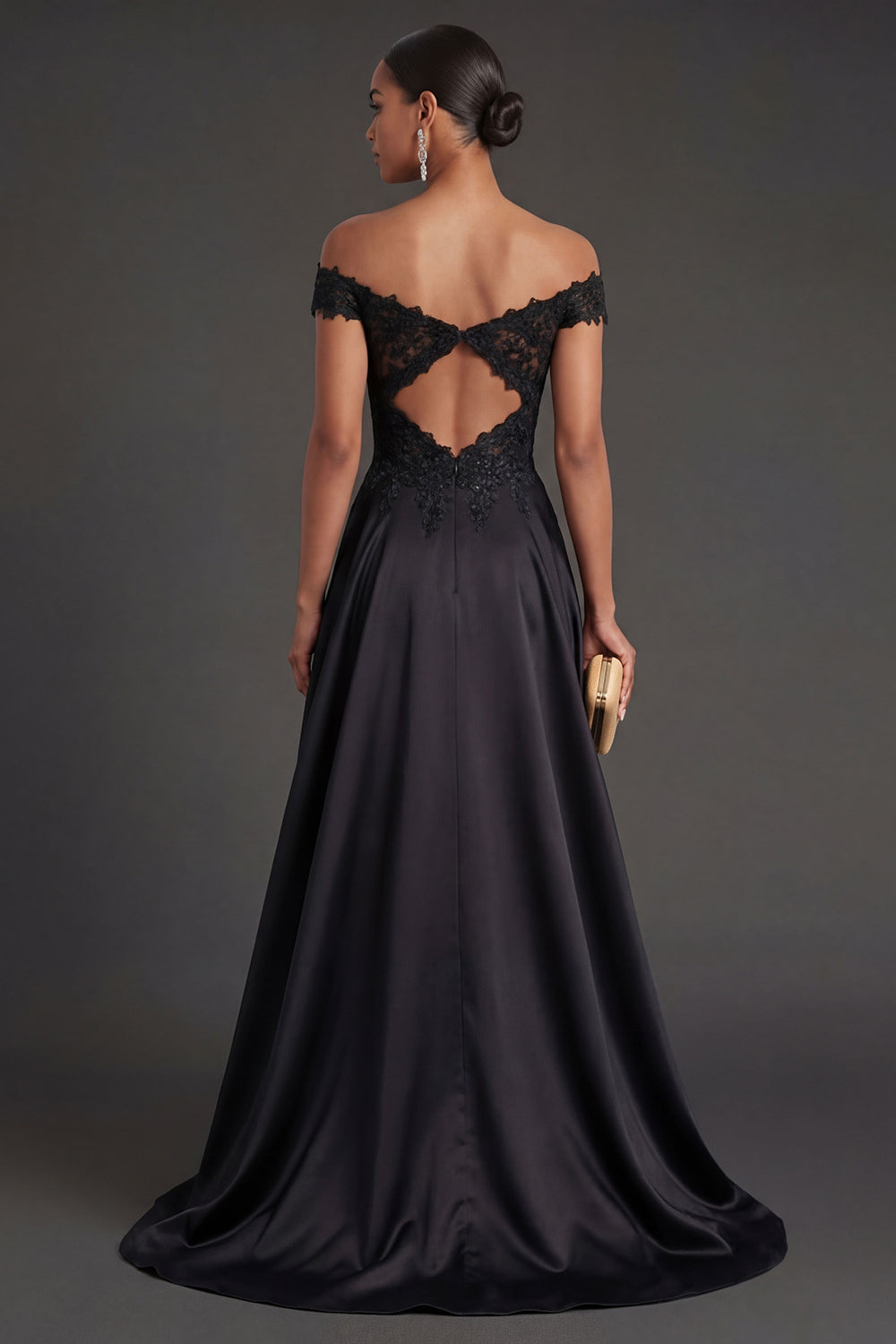 Black Off the Shoulder A Line Long Formal Dress
