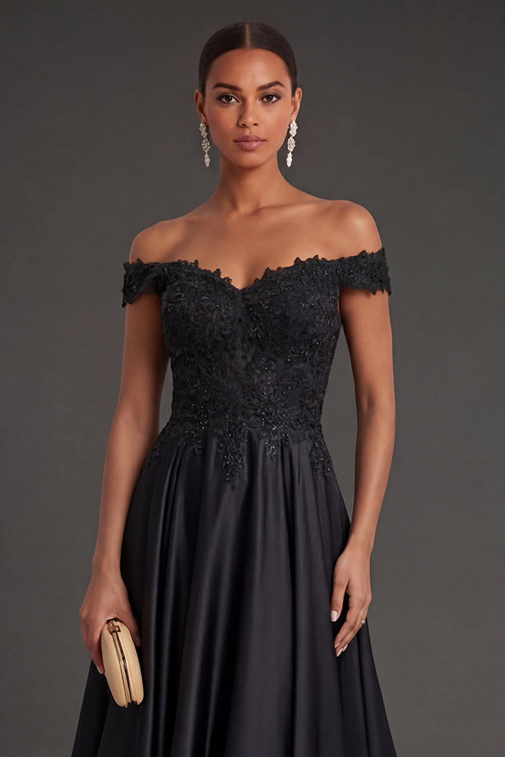 Black Off the Shoulder A Line Long Formal Dress