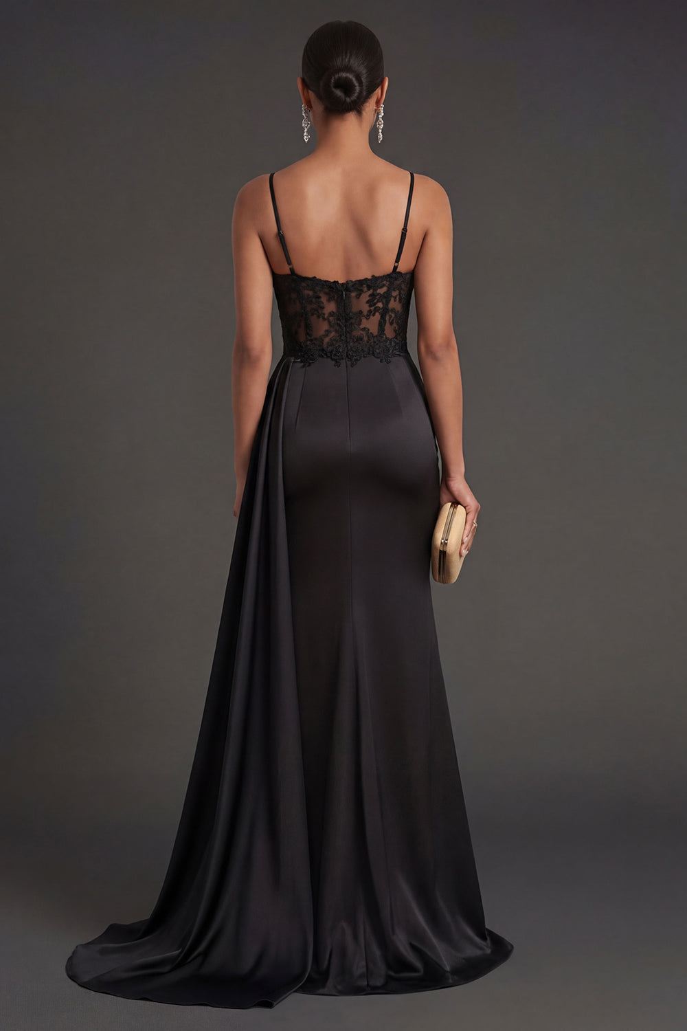 Ruched Black Spaghetti Straps Mermaid Long Formal Dress with Slit